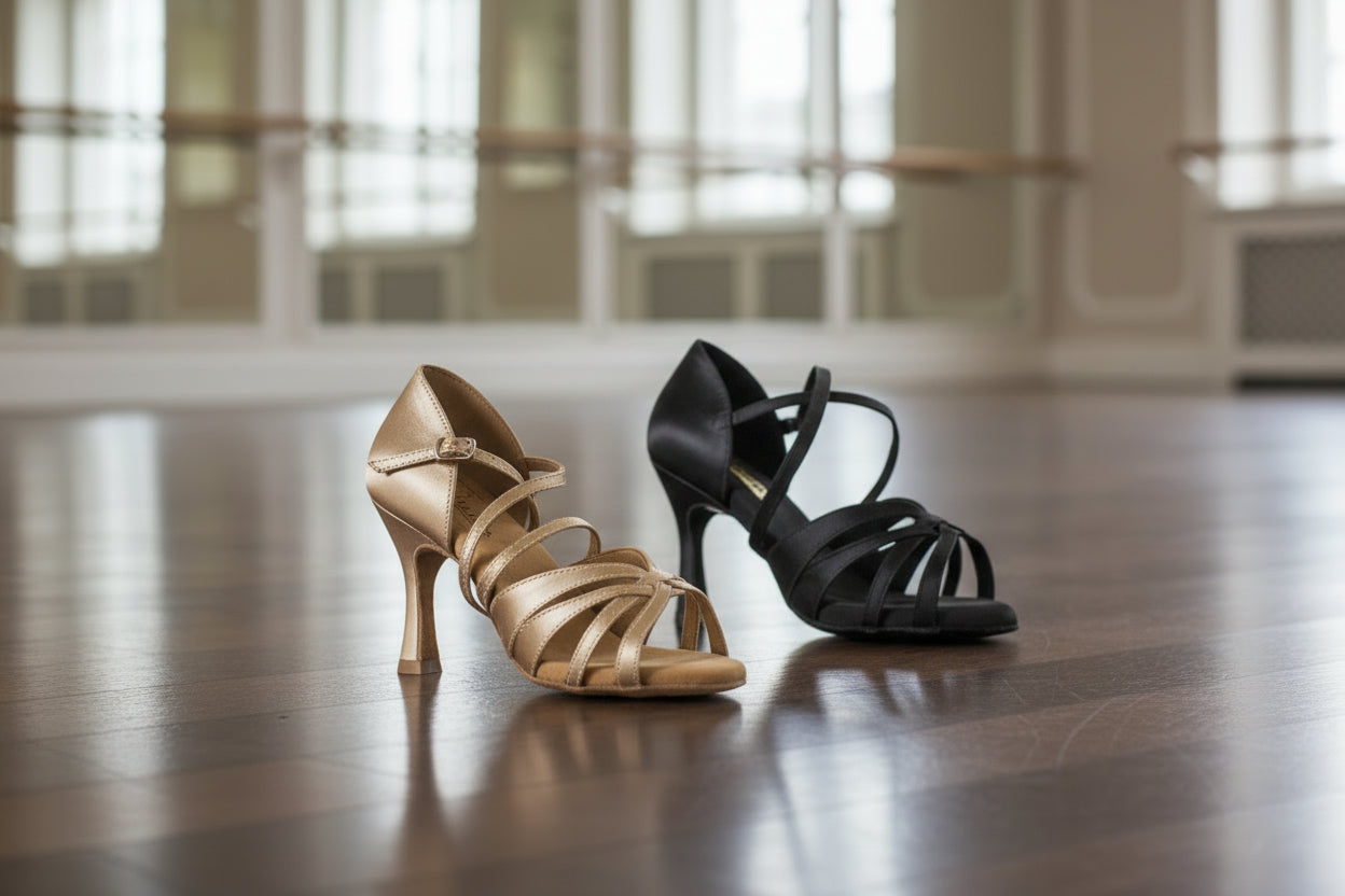 Nude and black strappy high-heeled shoes on a white background